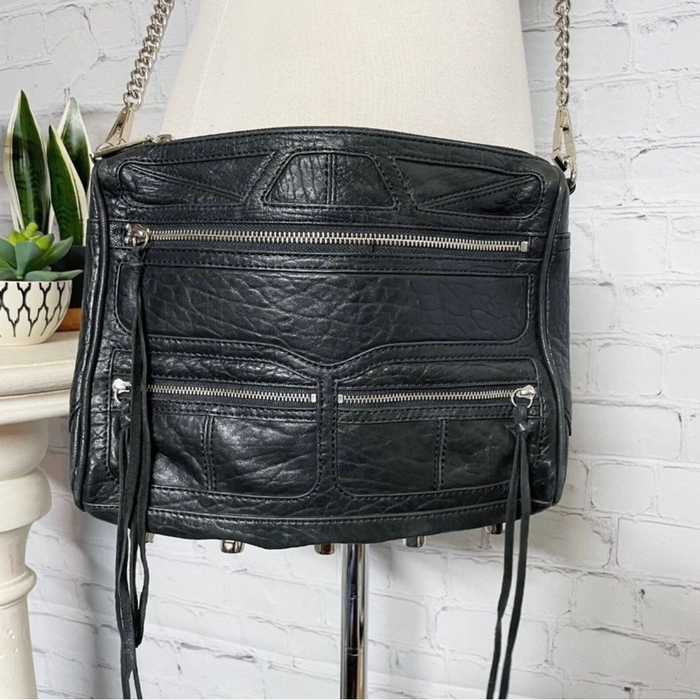 Rebecca Minkoff Tri Zip Leather Crossbody Bag Chain Strap Black Studded Moto